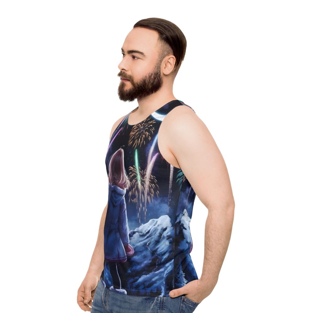 Anime unisex tank top with colorful fireworks and fantasy scenery - men side