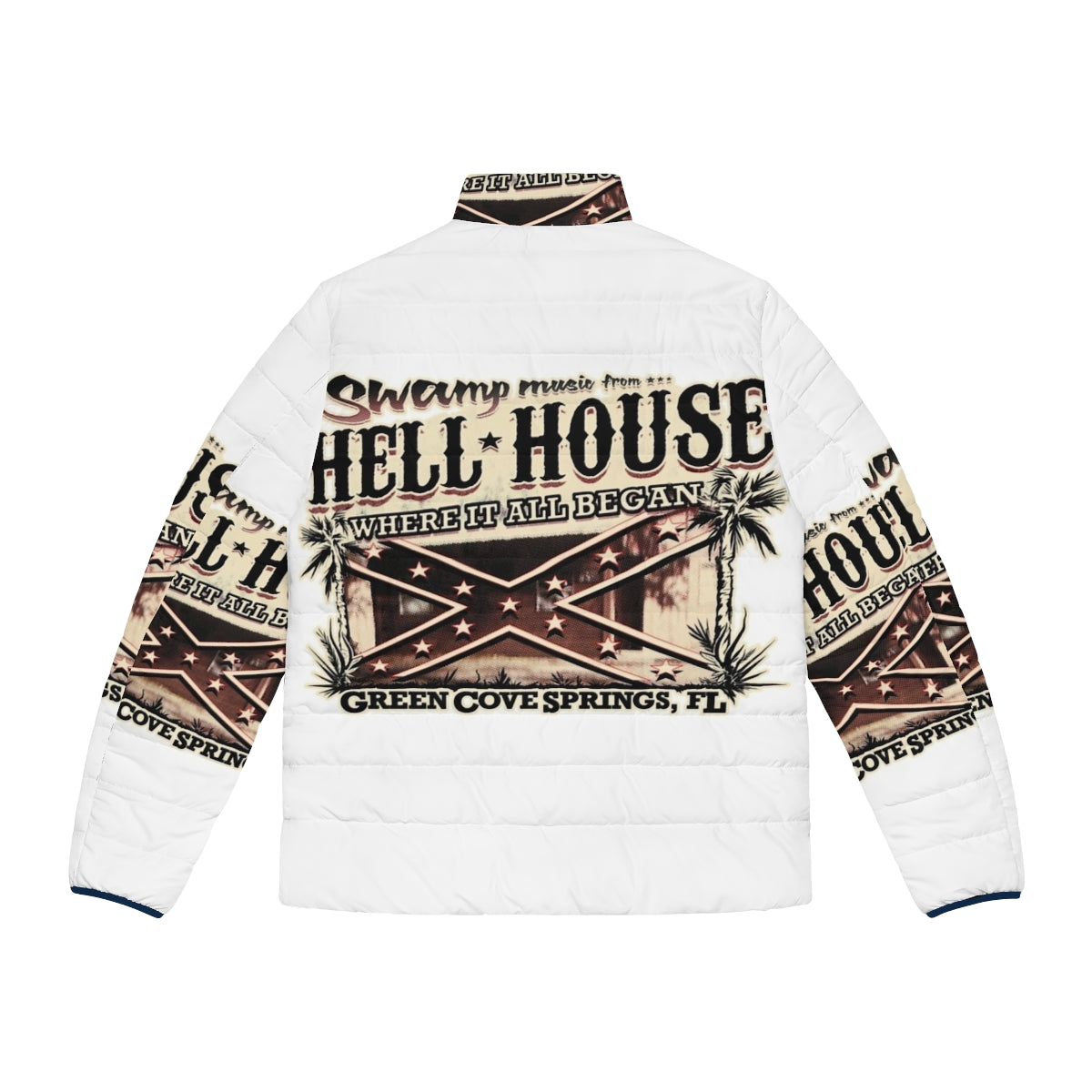 A puffer jacket featuring Hell House Swamp music for Skynyrd fans - Back