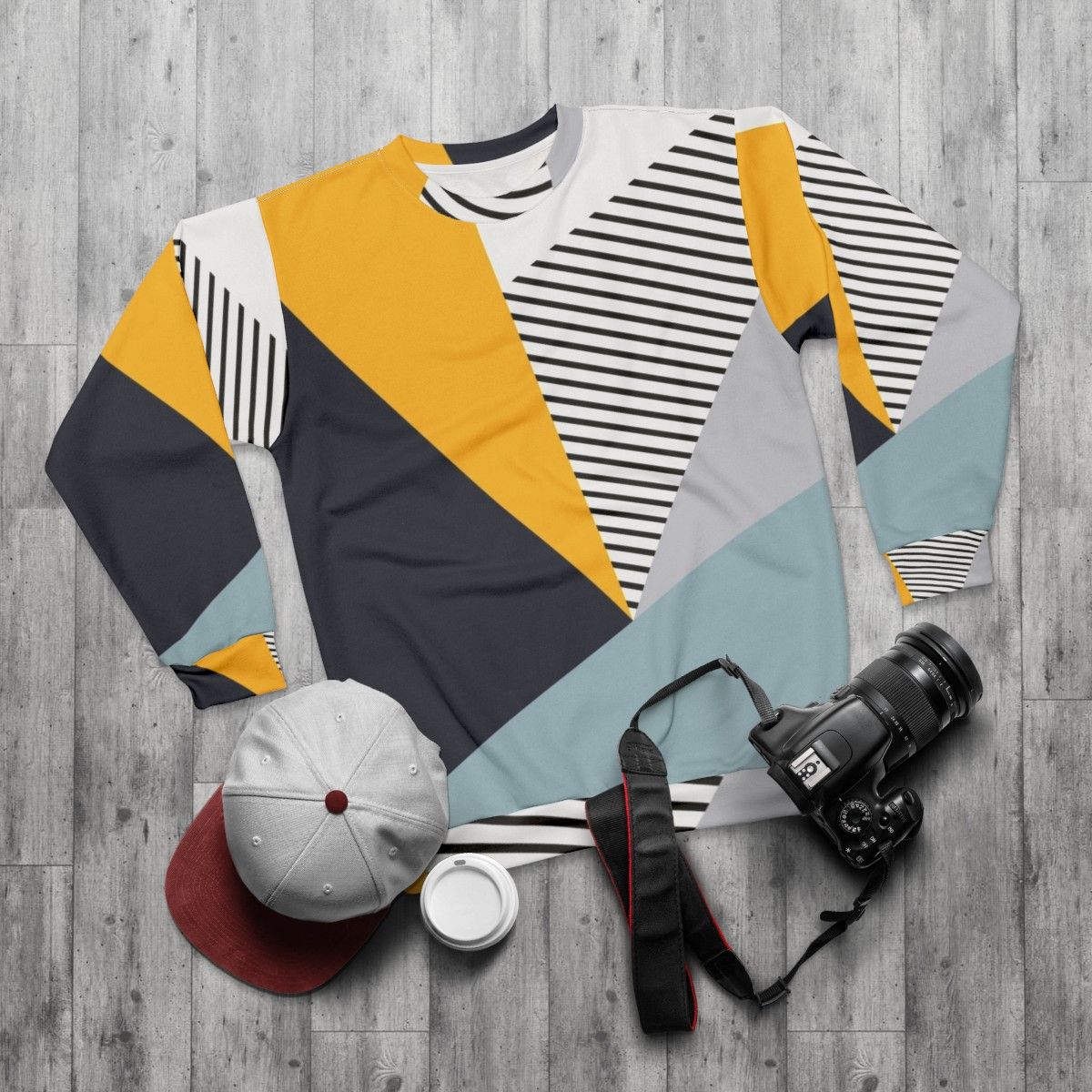 Colorful abstract geometric design sweatshirt - flat lay