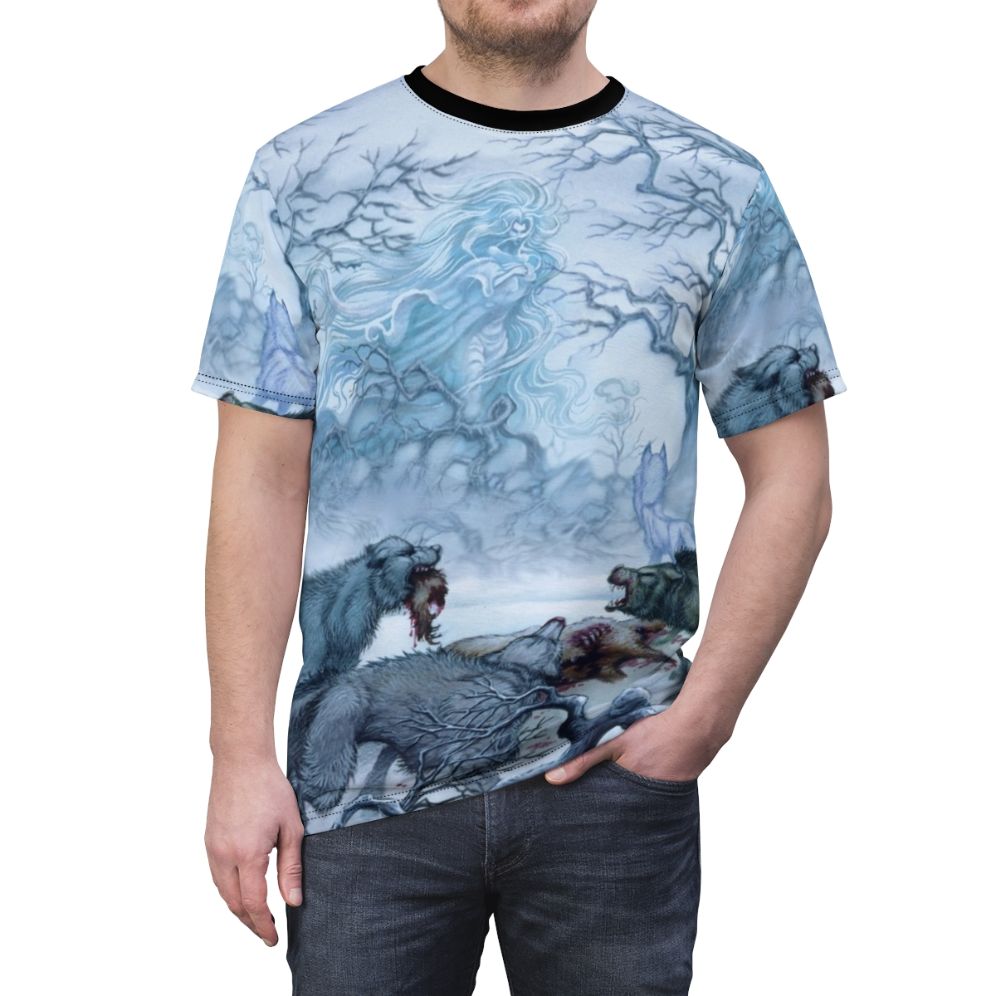 Enchanting fantasy art design featuring the wolf mother Timmain from the Elfquest series on a t-shirt. - men front