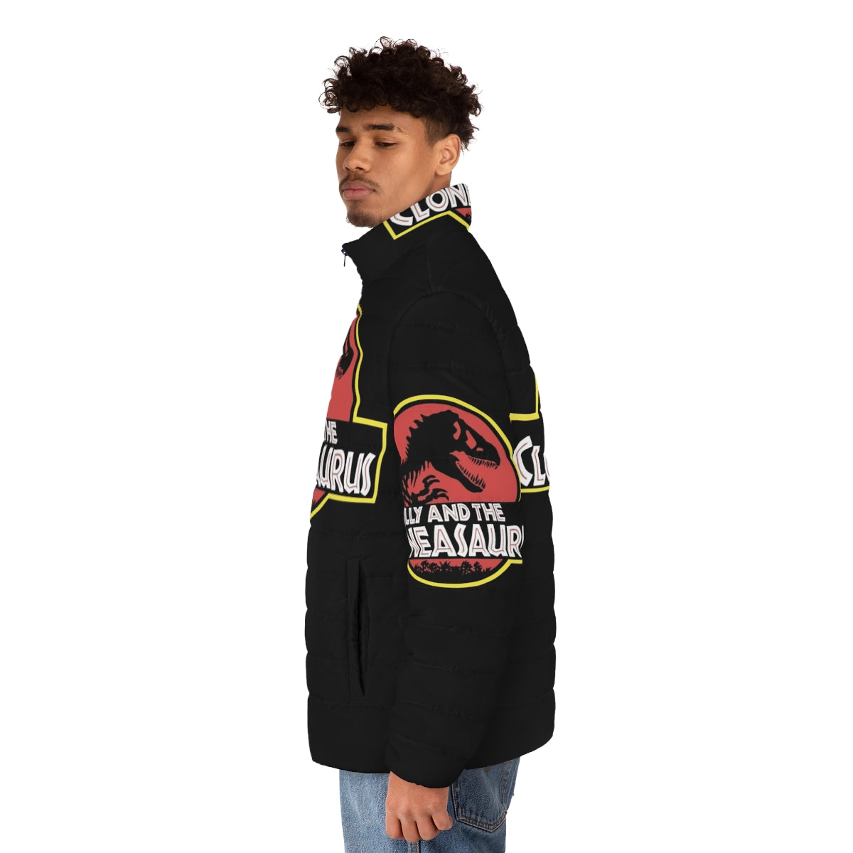 Billy and the Cloneasaurus puffer jacket, featuring The Simpsons characters - men side left