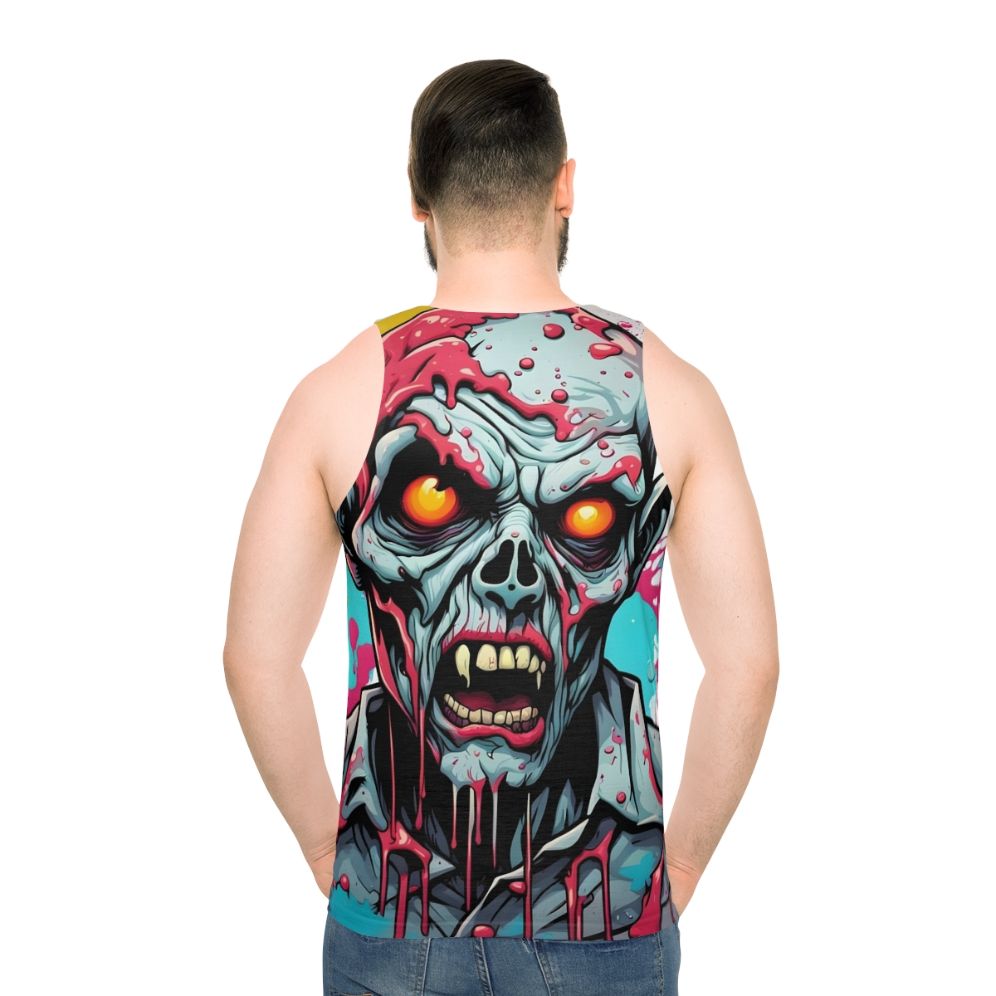 Zombie apocalypse unisex tank top with chaotic undeath paint drip - men back