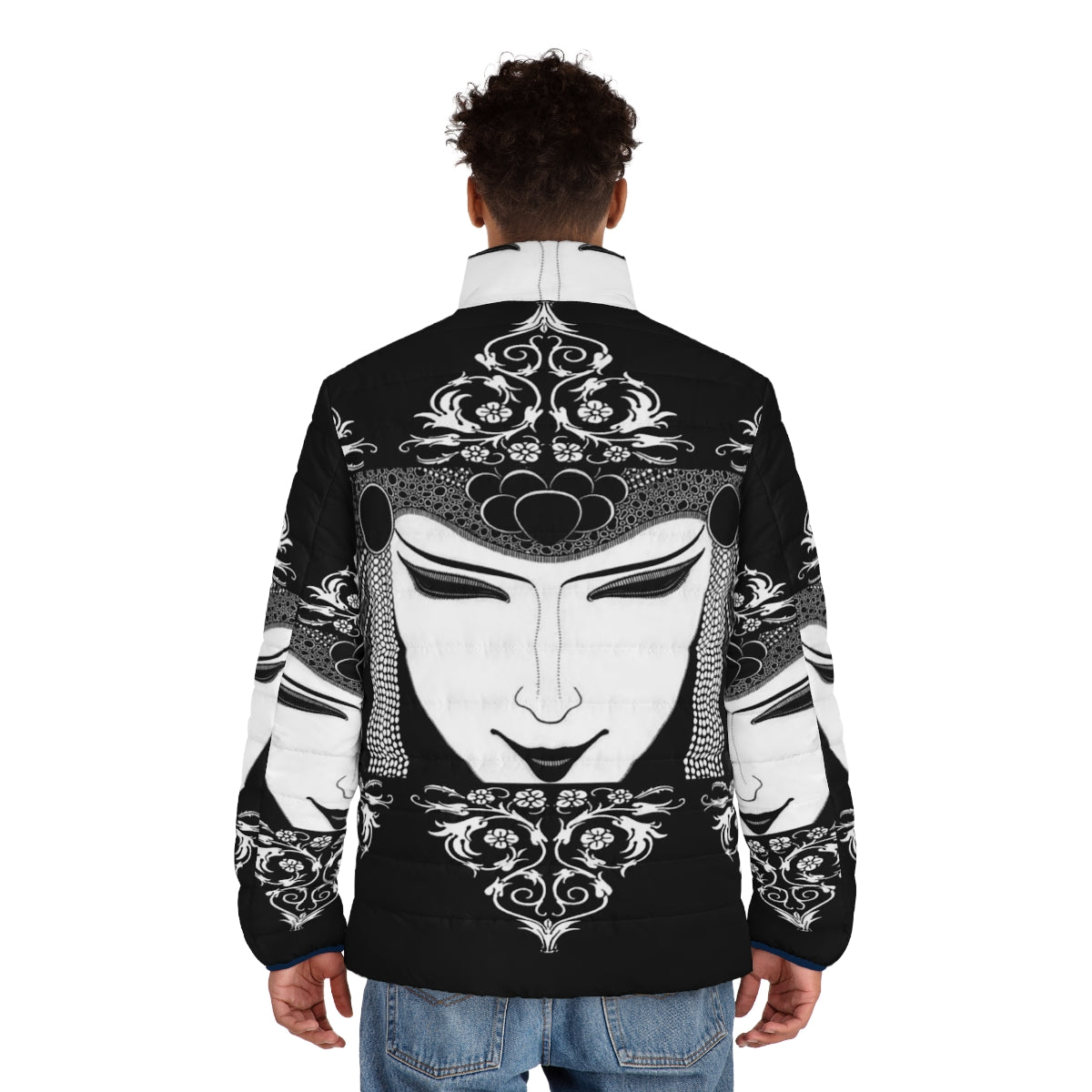 Aubrey Beardsley inspired gothic puffer jacket with black and white illustration - men back