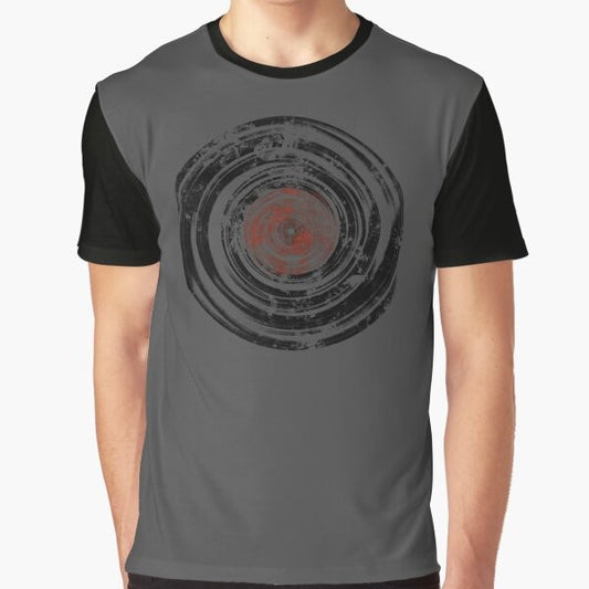 Vintage graphic t-shirt featuring a design of old vinyl records in a grunge, urban style