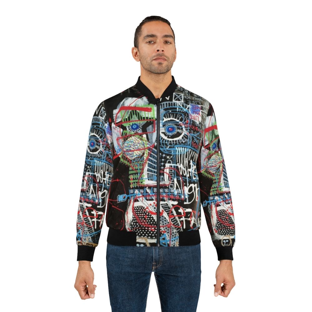 Contemplating Bomber Jacket - An abstract, neo-expressionist design featuring a face and words by mijumi art - Lifestyle