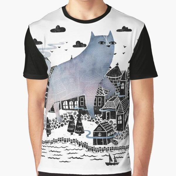 Fog graphic t-shirt with watercolor landscape inspired by Carl Sandburg's poetry