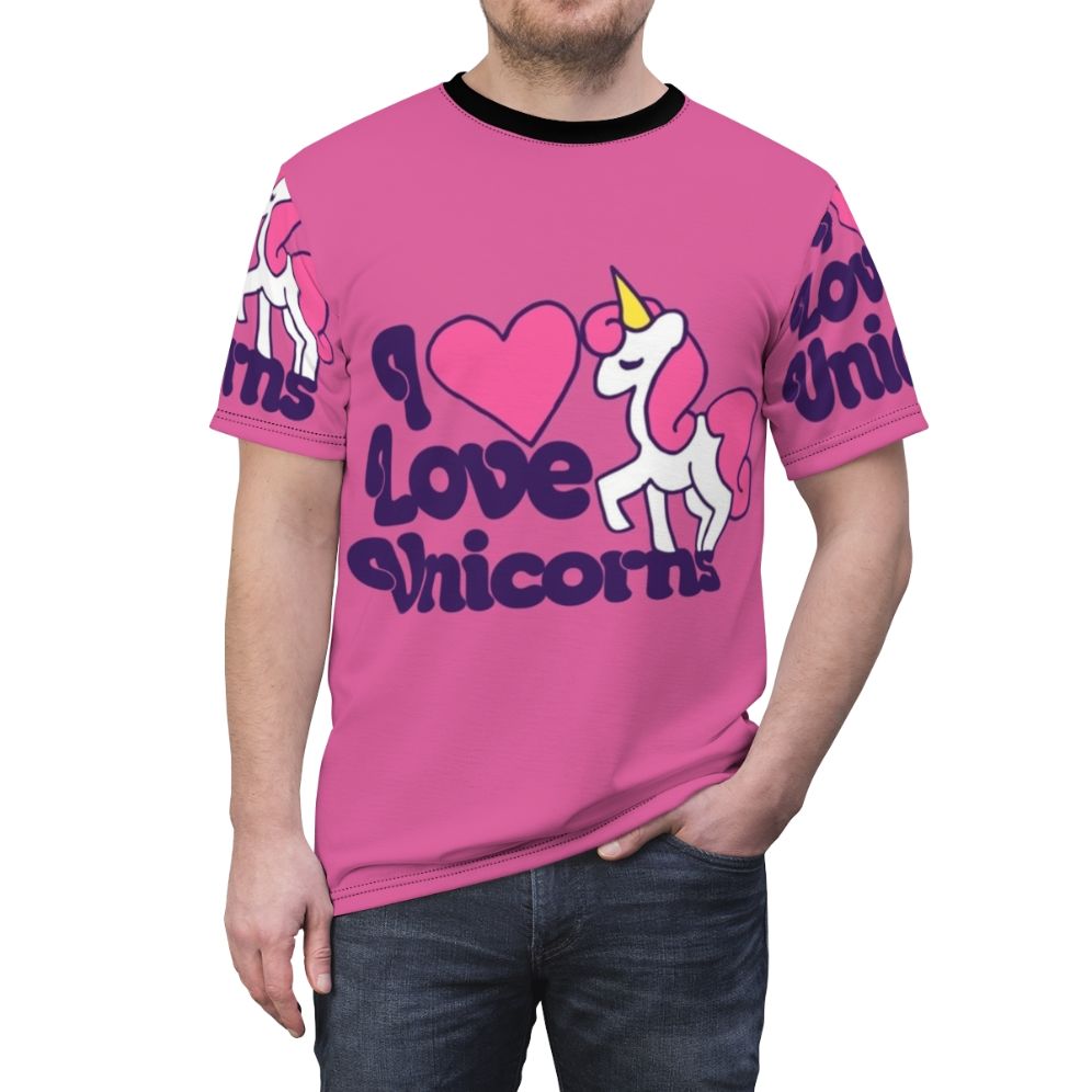 Whimsical t-shirt featuring a vibrant unicorn design in a retro style - men front