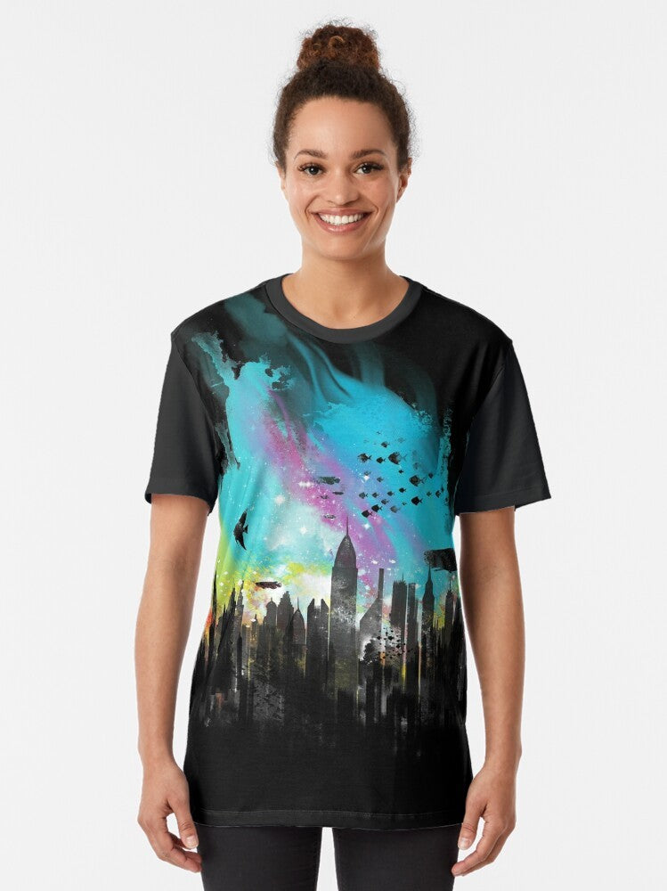 Bioshock Rapture City Graphic T-Shirt featuring a watercolor-style illustration of a whale, fishes, and the Big Daddy robot from the Bioshock video game. - Women