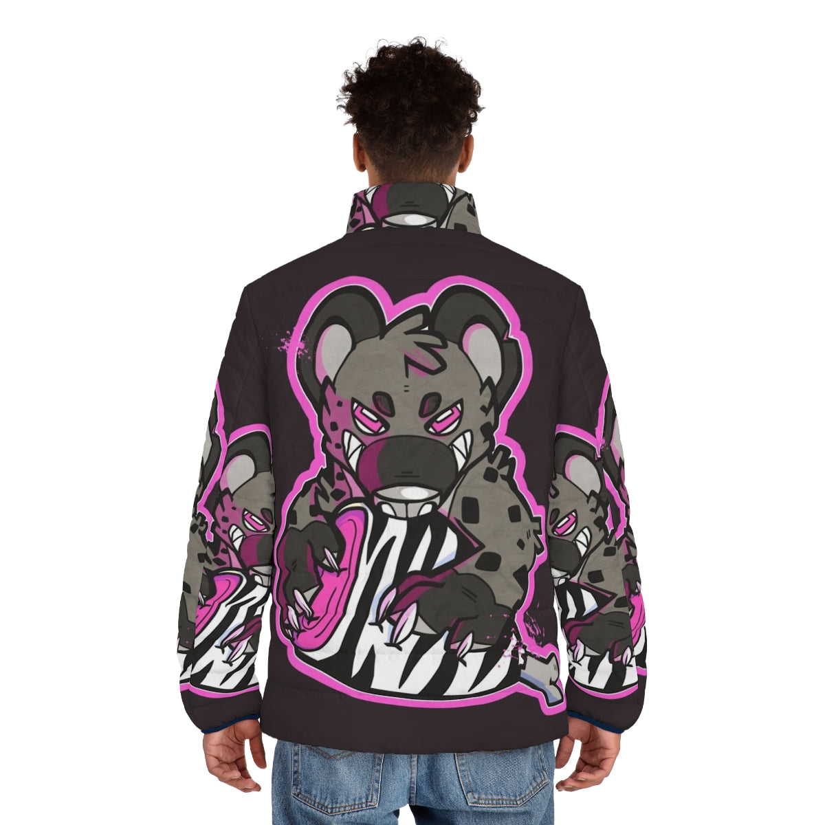 Hyena Puffer Jacket in Vibrant Pink Featuring Furry Detailing - men back