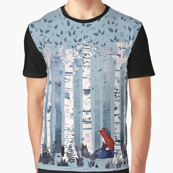 Watercolor illustration of birch trees in a serene forest on a blue t-shirt