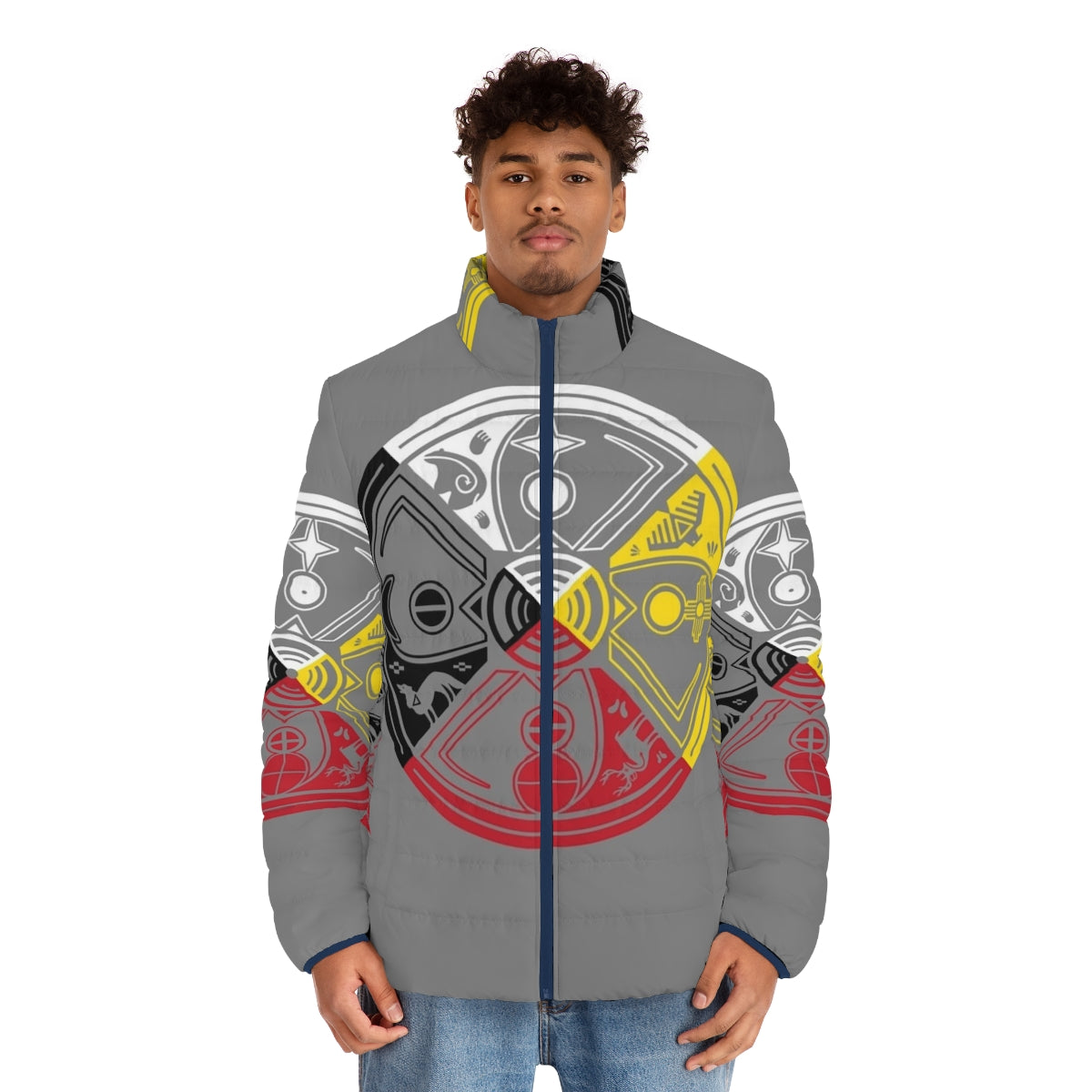 Sacred Hoop Medicine Wheel Puffer Jacket featuring Native American symbols and spiritual imagery - men front