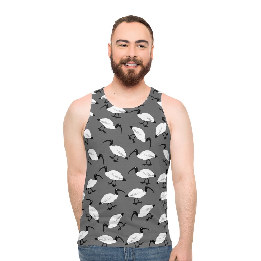 Unisex tank top with a digital print design featuring lots of bin chickens (ibis) scavenging in trash bins - men