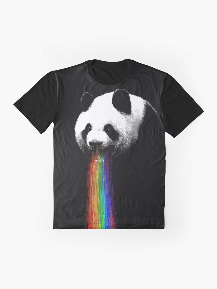 Colorful graphic t-shirt with a panda design, featuring a funny and humorous illustration. - Flat lay