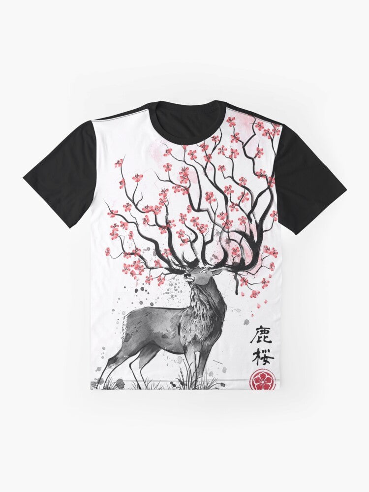 Minimalist graphic t-shirt featuring a sakura deer design in a watercolor sumi-e style - Flat lay