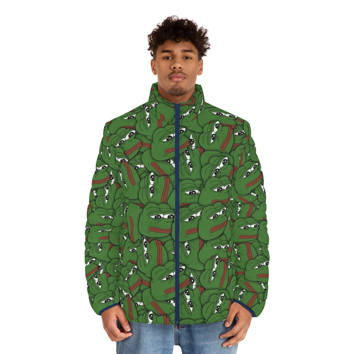 Pepe the Frog inspired puffer jacket with a humorous, meme-inspired design - men front