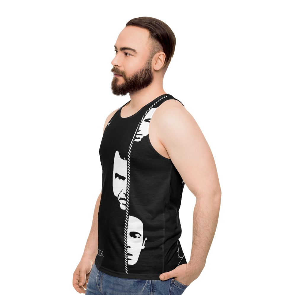 Vintage style unisex tank top featuring Alfred Hitchcock's Rope movie - men side