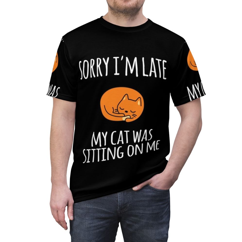 Funny "Sorry I Can't My Cat Was Sitting On Me" graphic t-shirt for cat lovers - men front