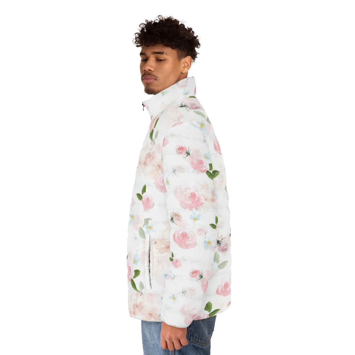 Watercolor floral botanical garden puffer jacket - men side left