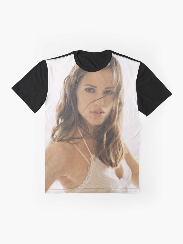 A graphic t-shirt featuring a portrait of actress Jennifer Garner - Flat lay