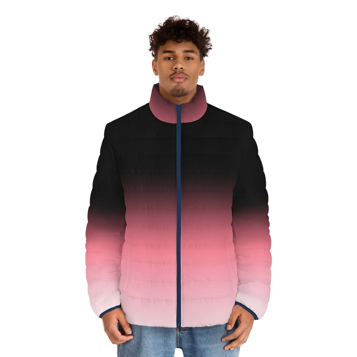 Ombre dip dye puffer jacket in black, pink, and white colors - men front