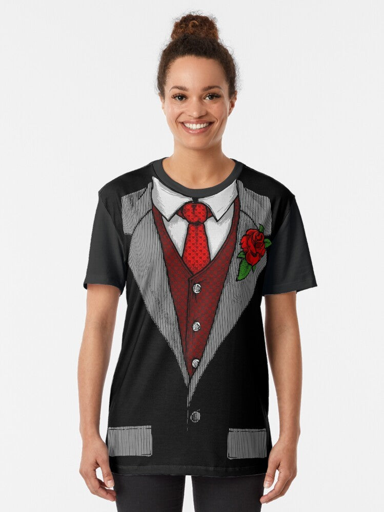 Funny graphic t-shirt design with a tuxedo costume, rose, and red tie for Halloween - Women