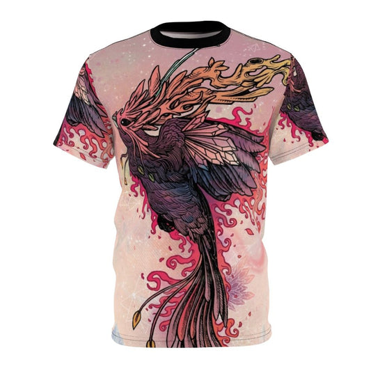 Vibrant t-shirt design featuring a detailed illustration of a mystical phoenix bird with colorful feathers and flames.