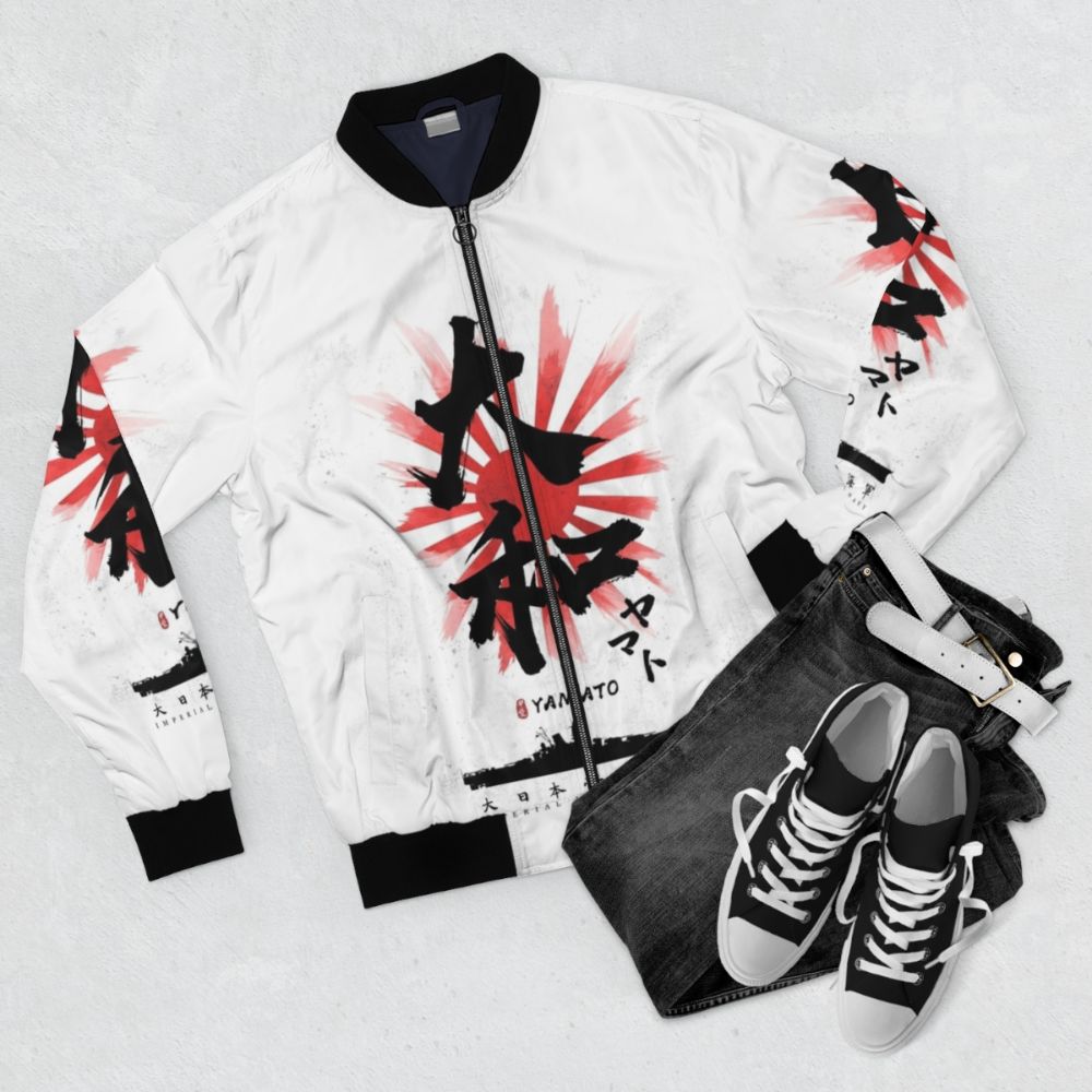 Bomber jacket featuring the Yamato battleship of the Imperial Japanese Navy with Japanese calligraphy design - Flat lay