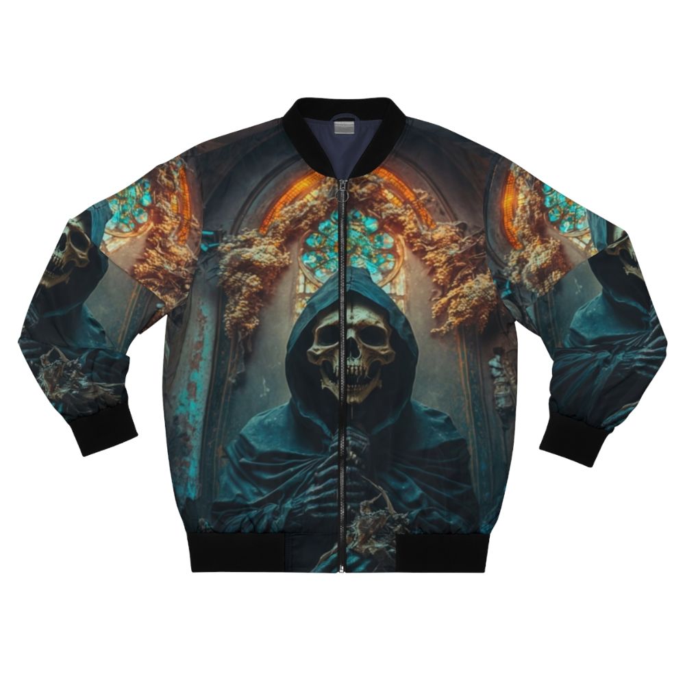 Gothic Skeleton Priest in Dark Church Bomber Jacket with Focus Keyword