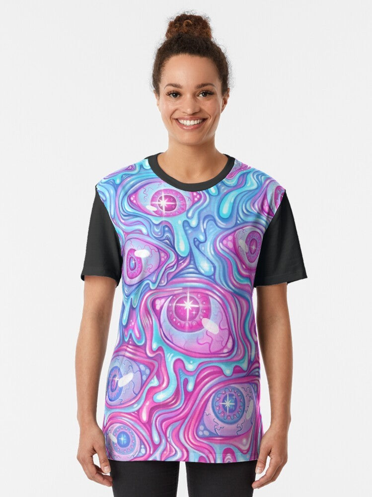 Colorful and trippy eyeball pattern graphic t-shirt with a creepy and horror-themed design - Women