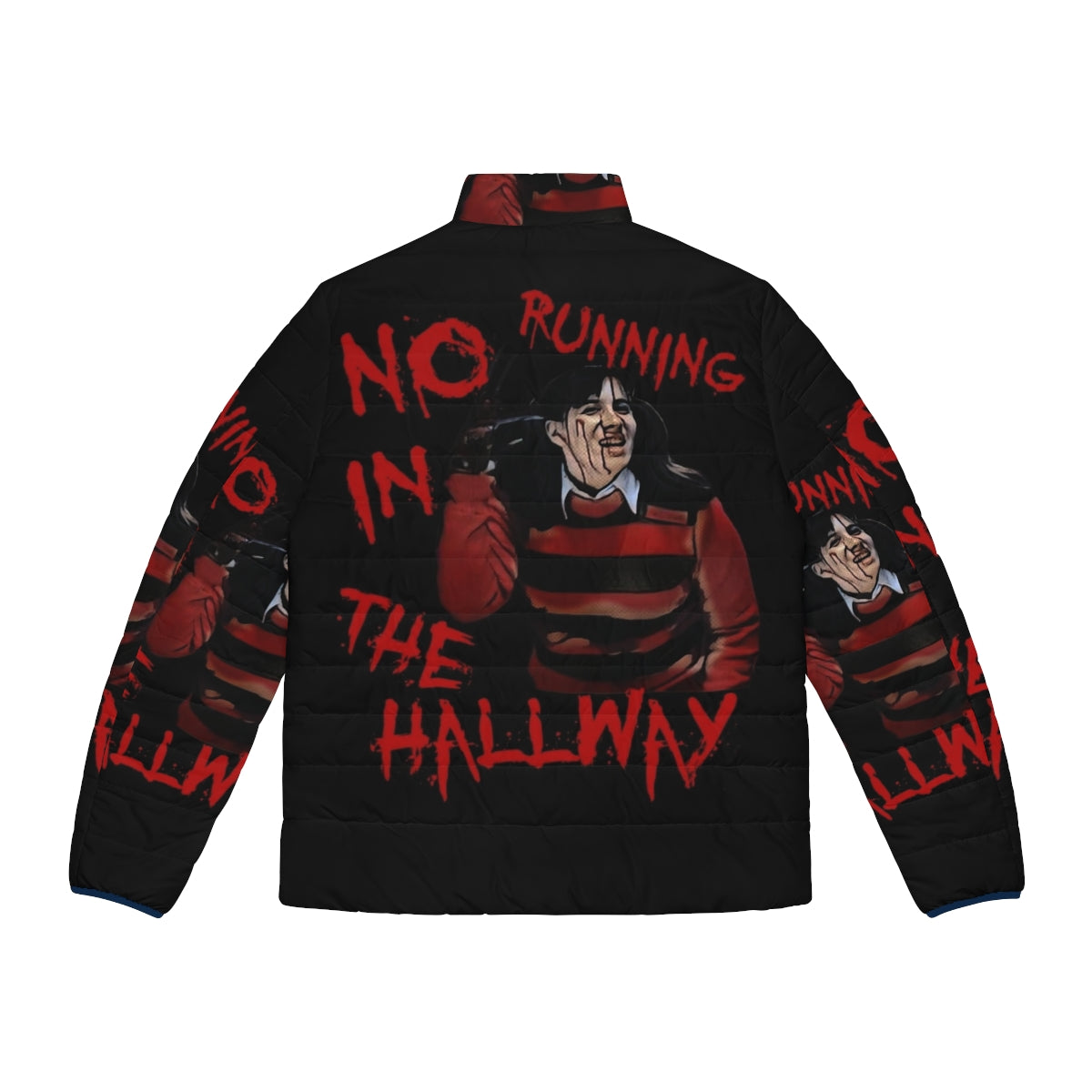 "No Running in the Hallway" puffer jacket with Freddy Krueger inspired design - Back