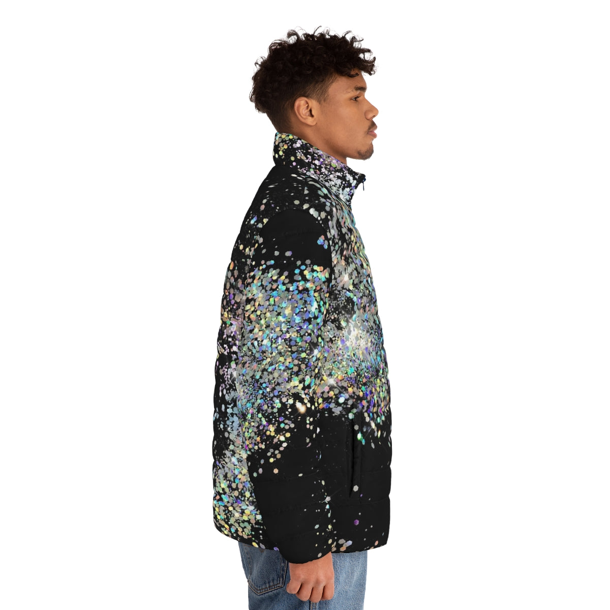 Black and multicolor sequin faux puffer jacket with glitter, ombre, and abstract patterns - men side right