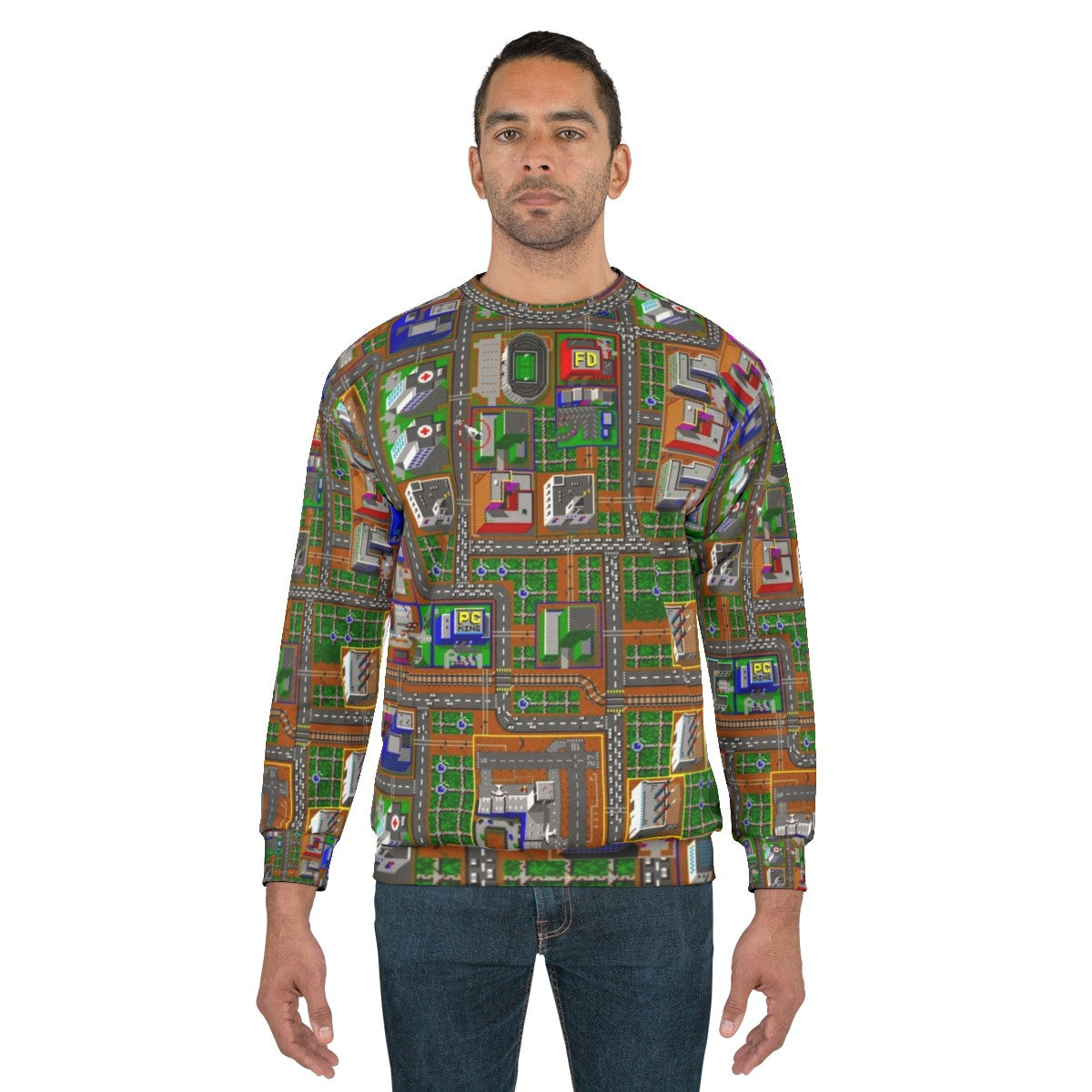 Retro Simcity 1 gaming sweatshirt with pixelated graphics - men