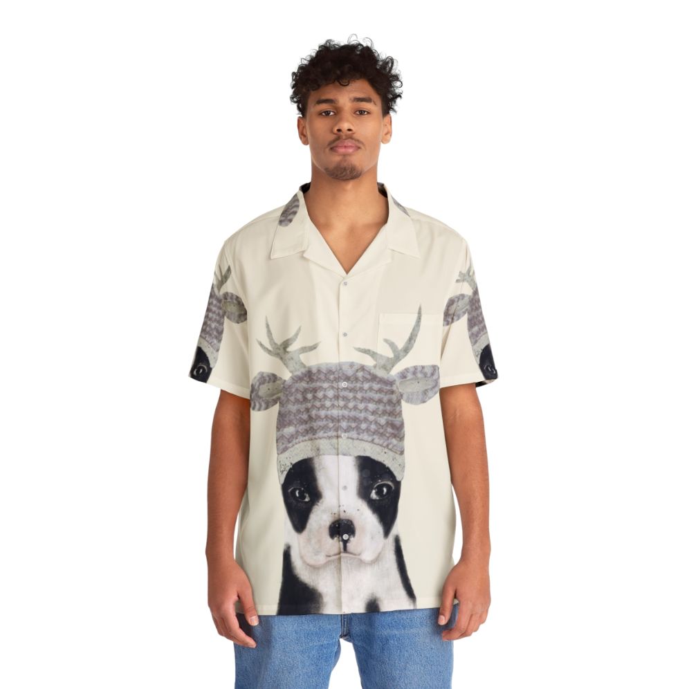 Boston Terrier wearing a Hawaiian shirt with a cute watercolor puppy illustration - People Front