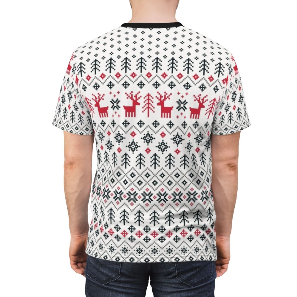 A graphic t-shirt featuring a cozy, retro-inspired holiday sweater pattern design. - men back