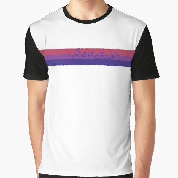 Bi pride graphic t-shirt featuring cute rabbits or bunnies in the bisexual pride flag colors.