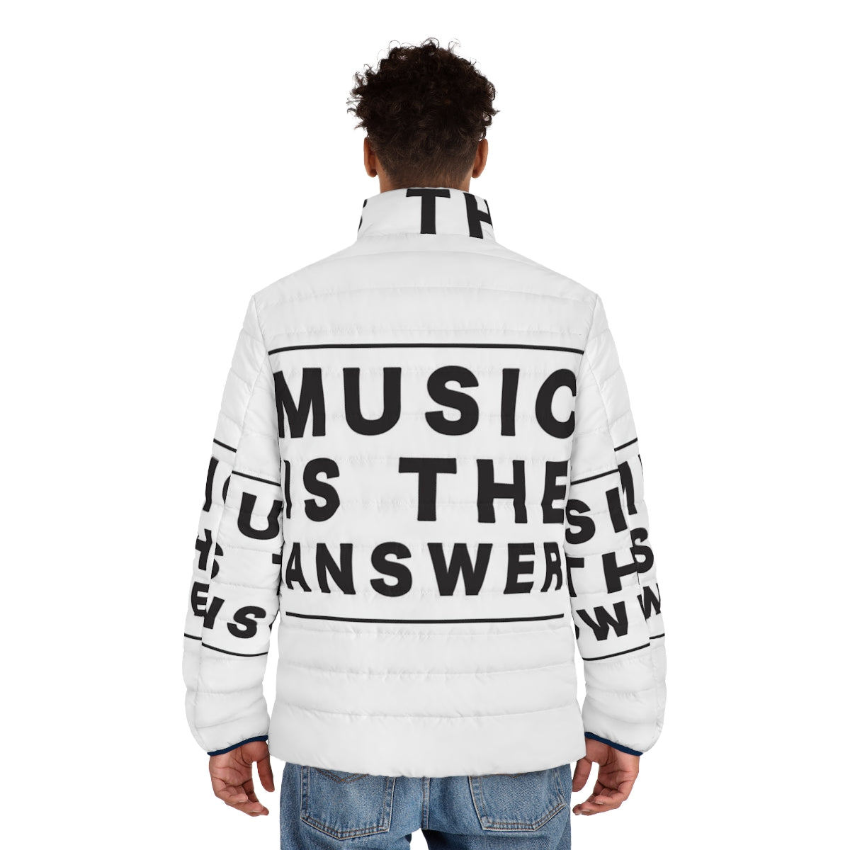 Music Is The Answer Puffer Jacket featuring a motivational quote and house music inspired design - men back