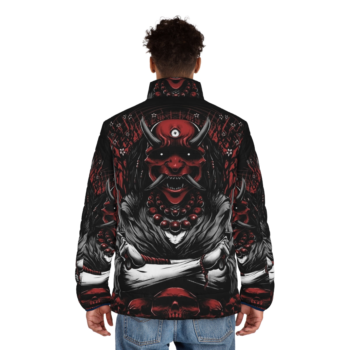 Oni Puffer Jacket featuring Japanese folklore demon and sakura flowers - men back