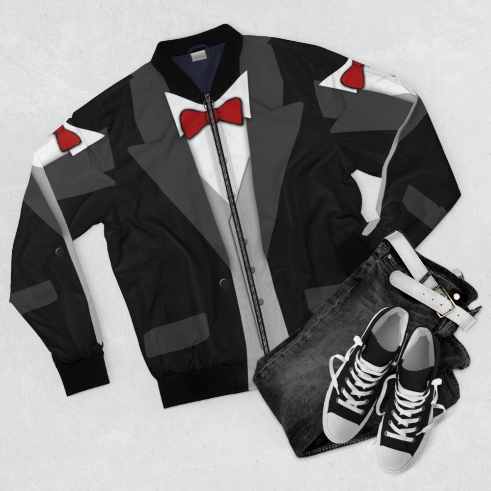 A black tuxedo-style bomber jacket with a red bow tie and vest - Flat lay