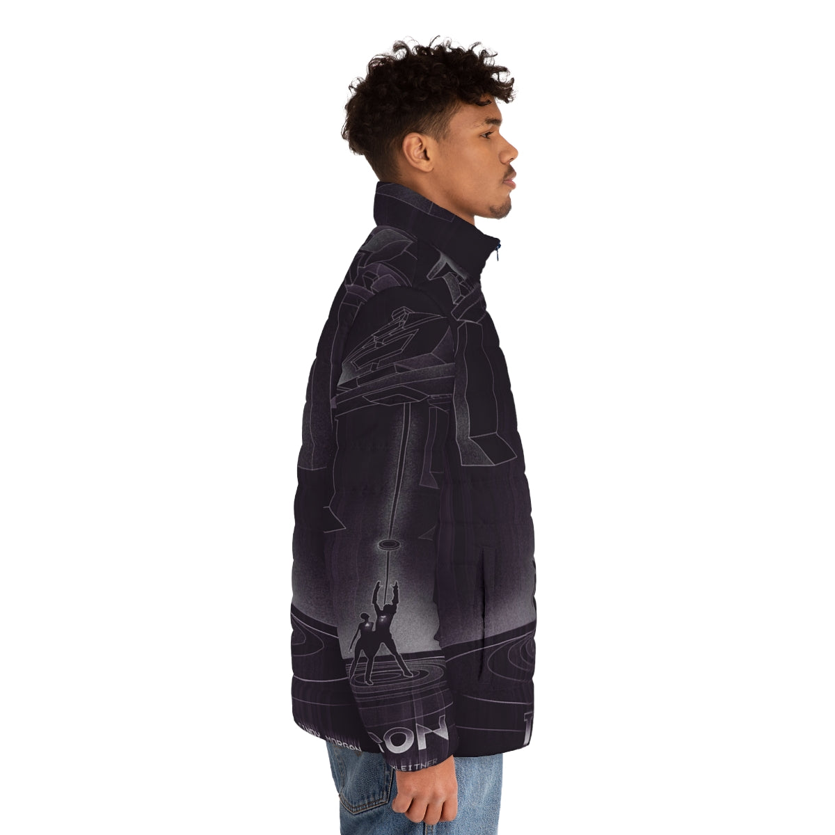 Tron-inspired puffer jacket with futuristic and retro design - men side right