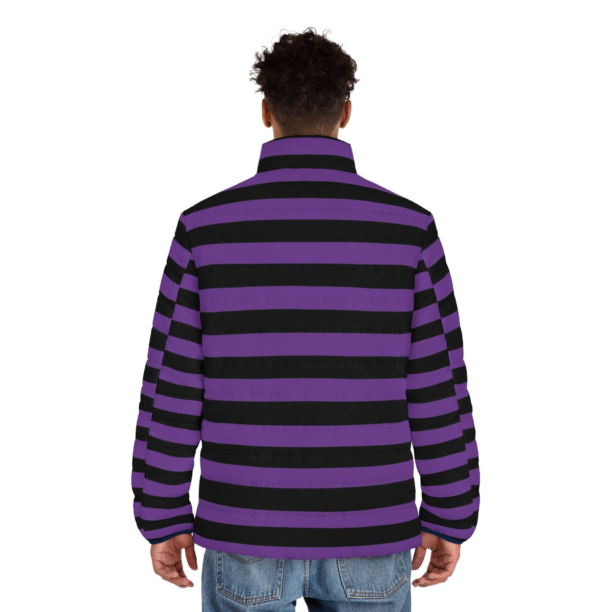 Striped purple and black puffer jacket with thick horizontal stripes - men back