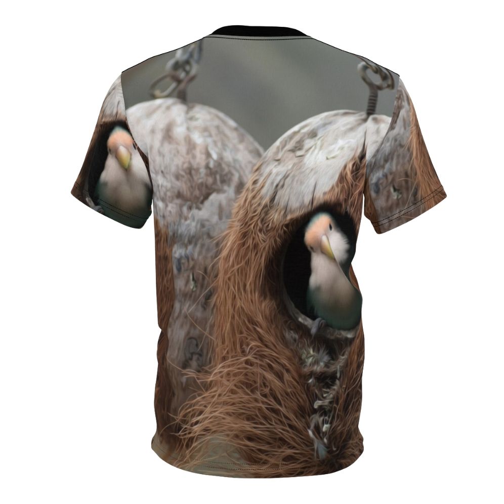 T-shirt featuring a vibrant design of birds, nests, and feathers in a natural landscape. - Back