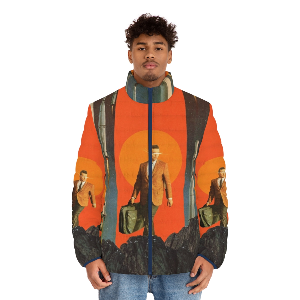 Retro puffer jacket in a surreal, vintage-inspired digital collage with space, mountains, and sky imagery - men front