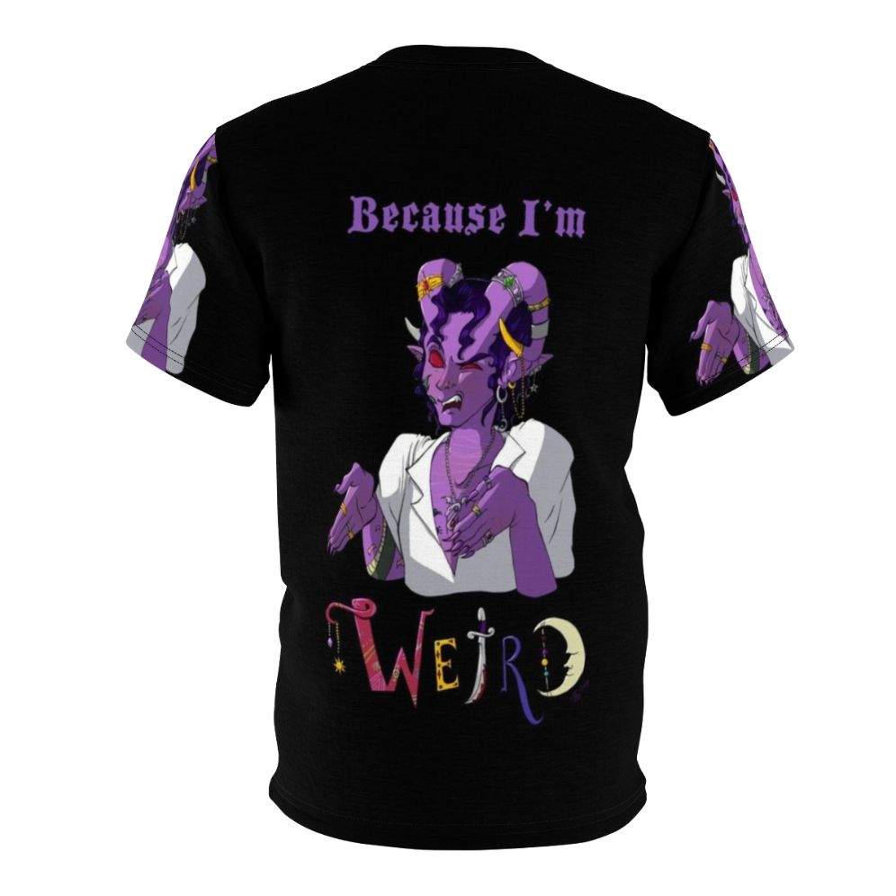 Artistic t-shirt design featuring a quirky tiefling character, perfect for Critical Role and Dungeons & Dragons enthusiasts. - Back