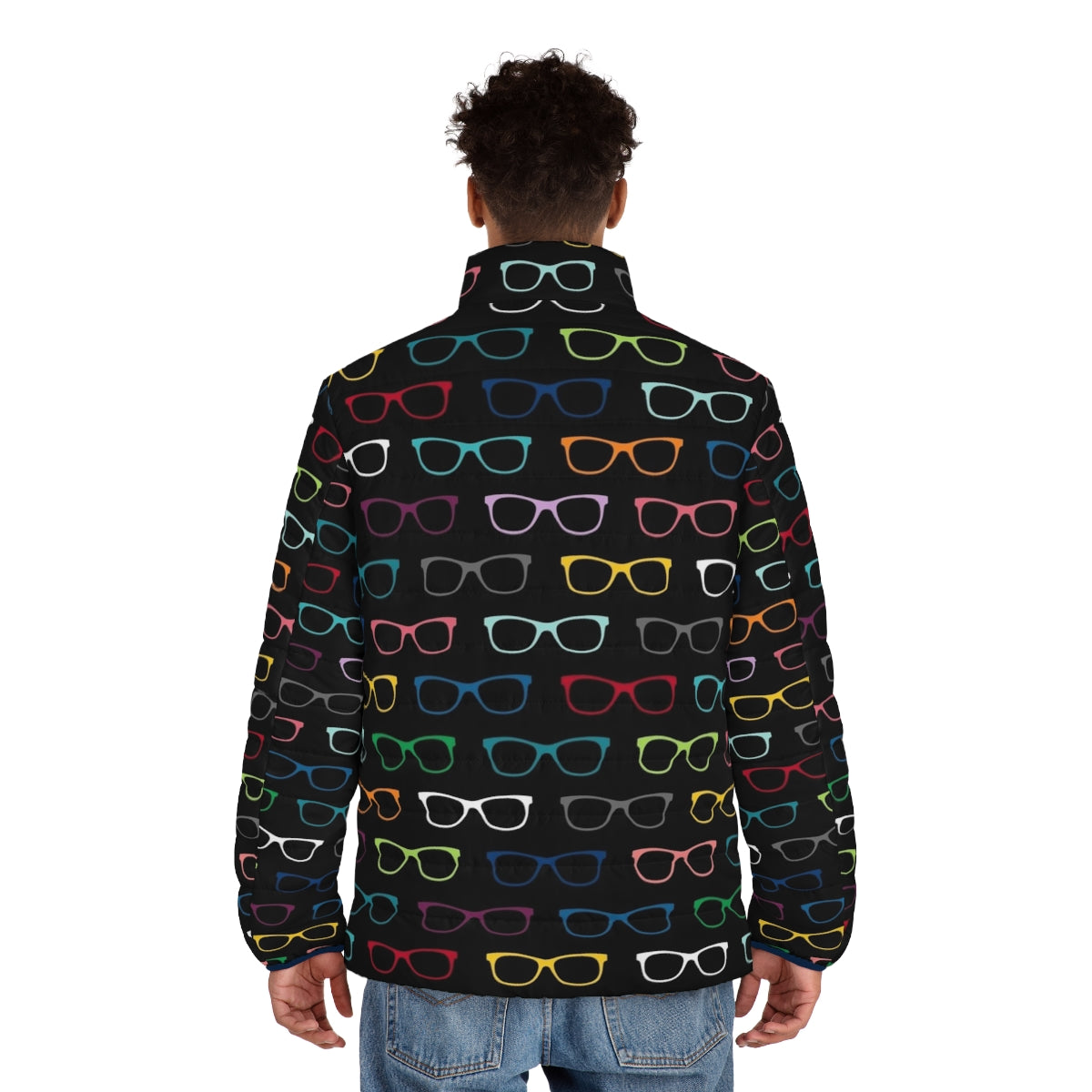 Colorful puffer jacket with hipster eyeglasses pattern - men back