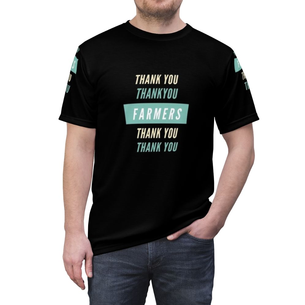 Stylish "Thank You Farmers" t-shirt design with agricultural and farming icons - men front