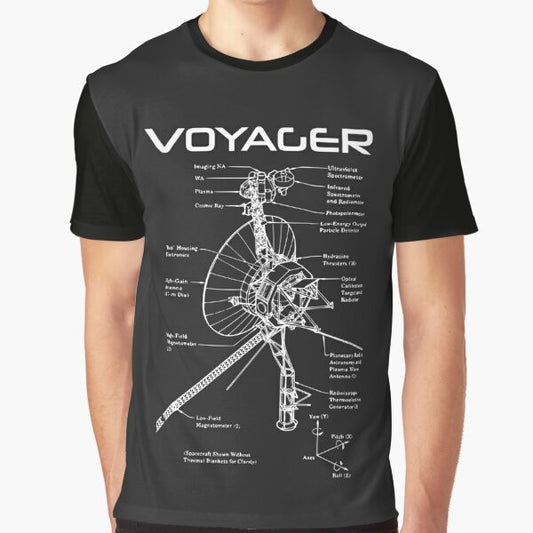 Voyager Program graphic t-shirt featuring spacecraft, planets, and cosmos design