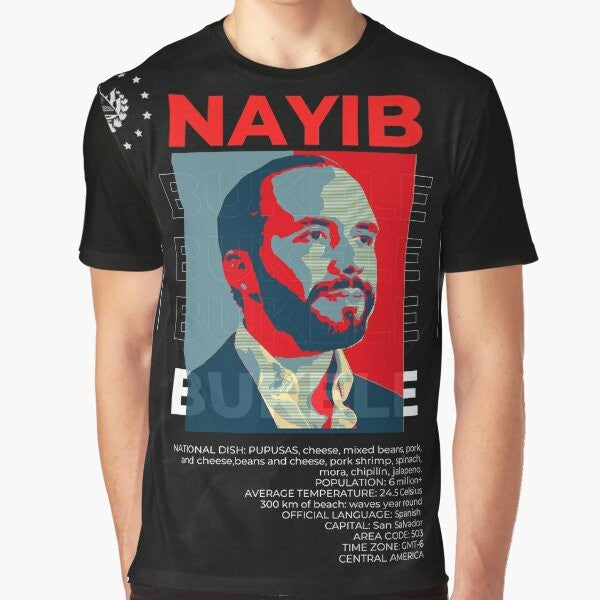 El Salvador President Nayib Bukele Graphic T-Shirt featuring a volcano