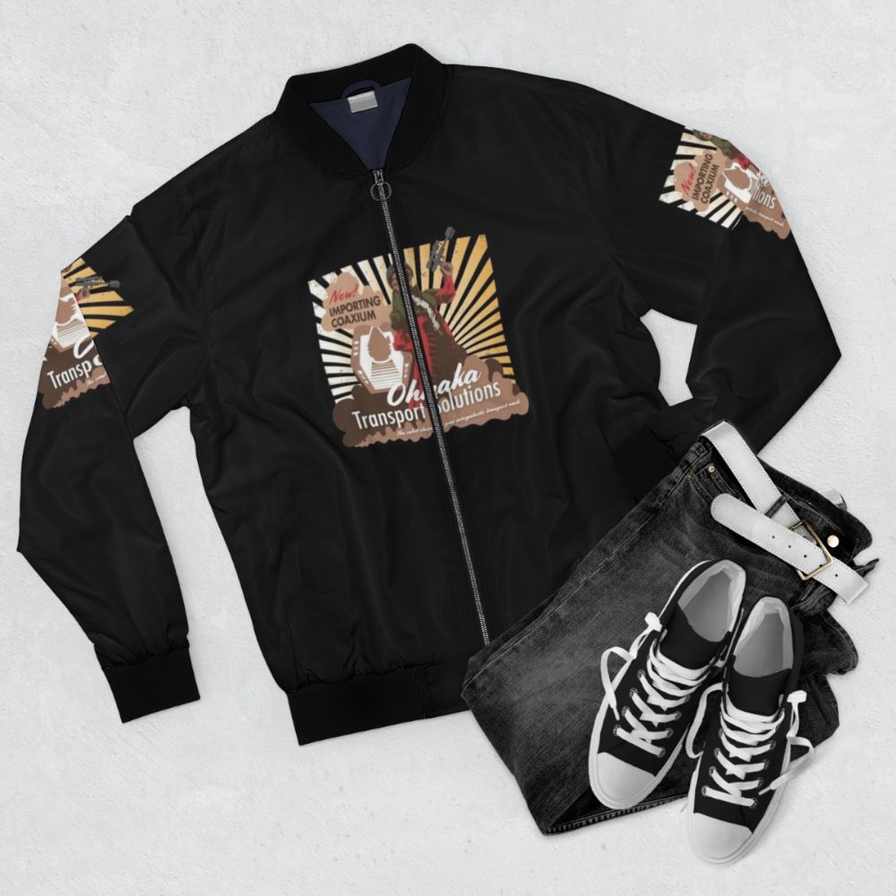 Star Wars Hondo Ohnaka Transport Solutions Bomber Jacket with Millennium Falcon and Galaxy's Edge elements - Flat lay