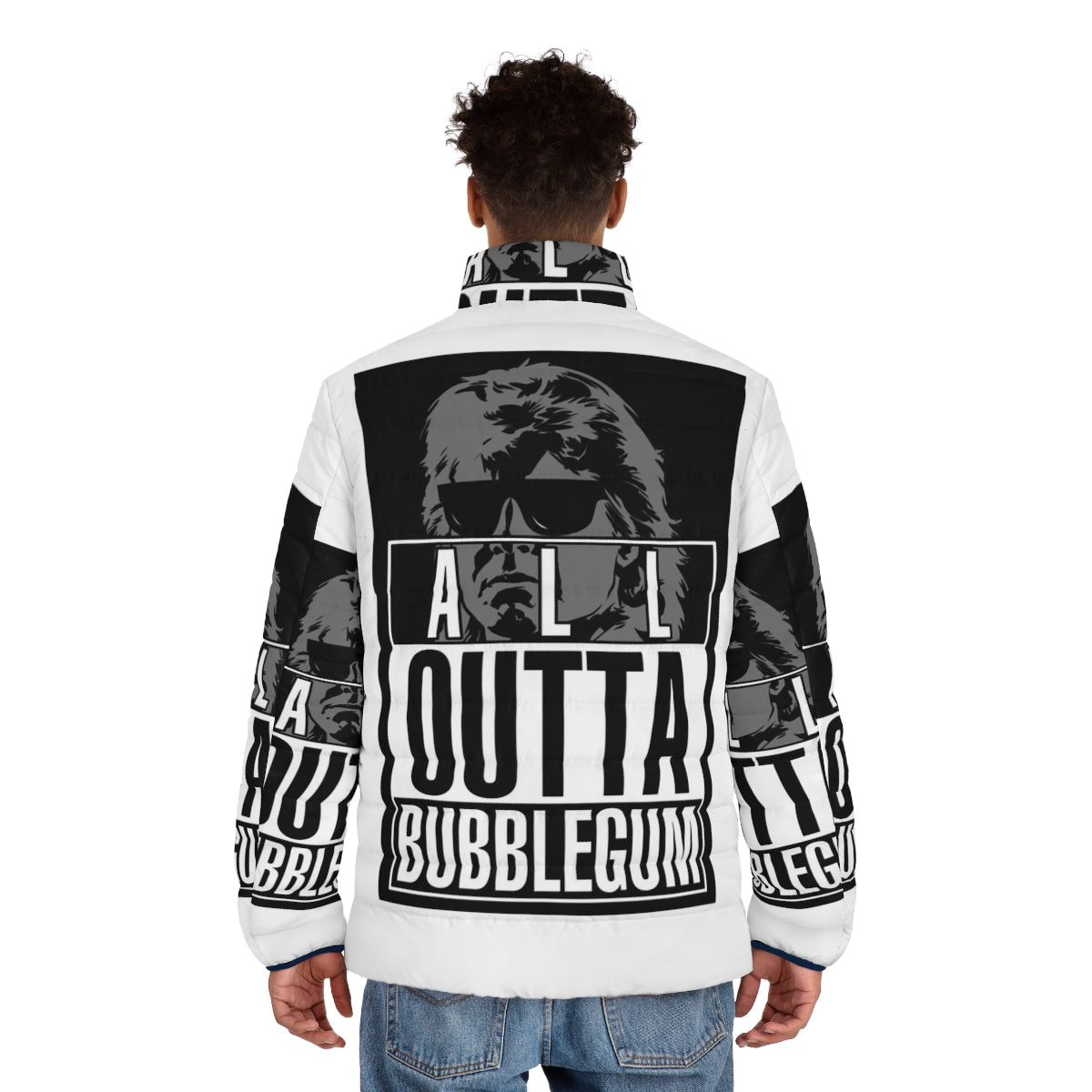 They Live inspired puffer jacket with "Straight All Outta Bubblegum" graphic - men back