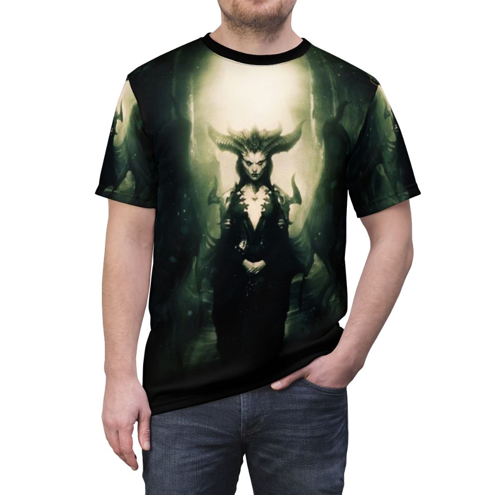 Stylish t-shirt design featuring Diablo 4 elements and themes - men front